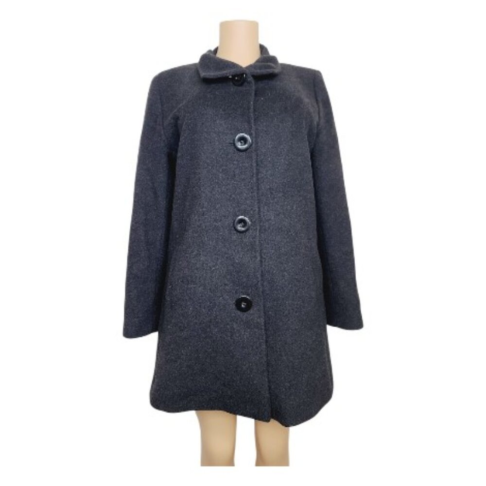 Fleurette‎ Women's Black Wool Blend Long Button-Front Pea Coat Size 14